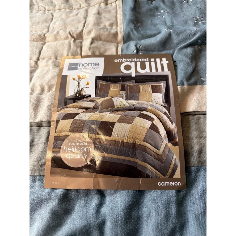 Home Collection Embroidered Quilt Only Patchwork Plaid Brown Tan Blue Full Queen